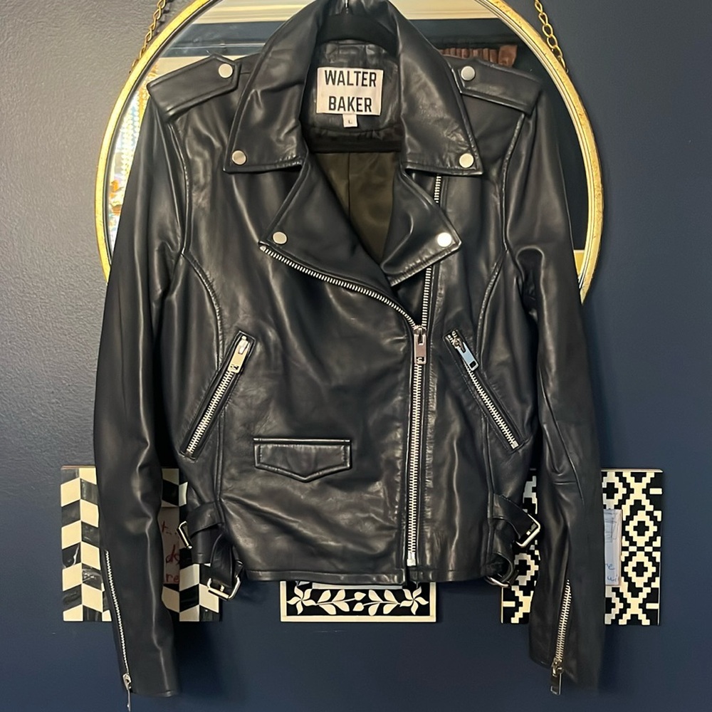 Walter Baker Navy Blue Lamb Leather Biker Jacket